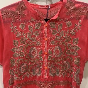 Johnny Was Beautiful Britta coral Tunic Top, with embroidery size S NWT .